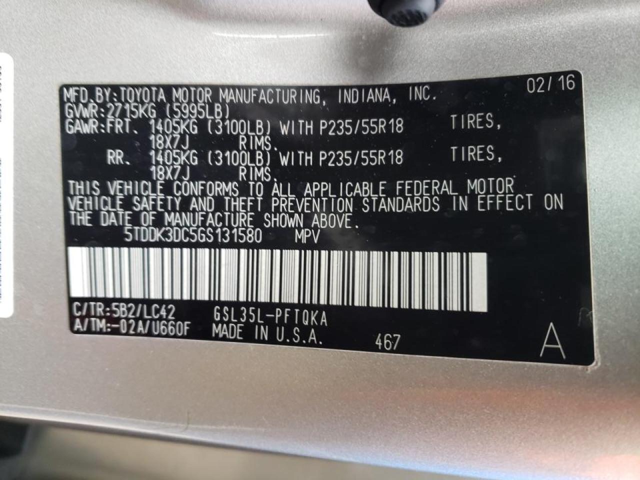 Photo 10 from auction – 2016 TOYOTA SIENNA XLE with VIN 5TDDK3DC5GS131580
