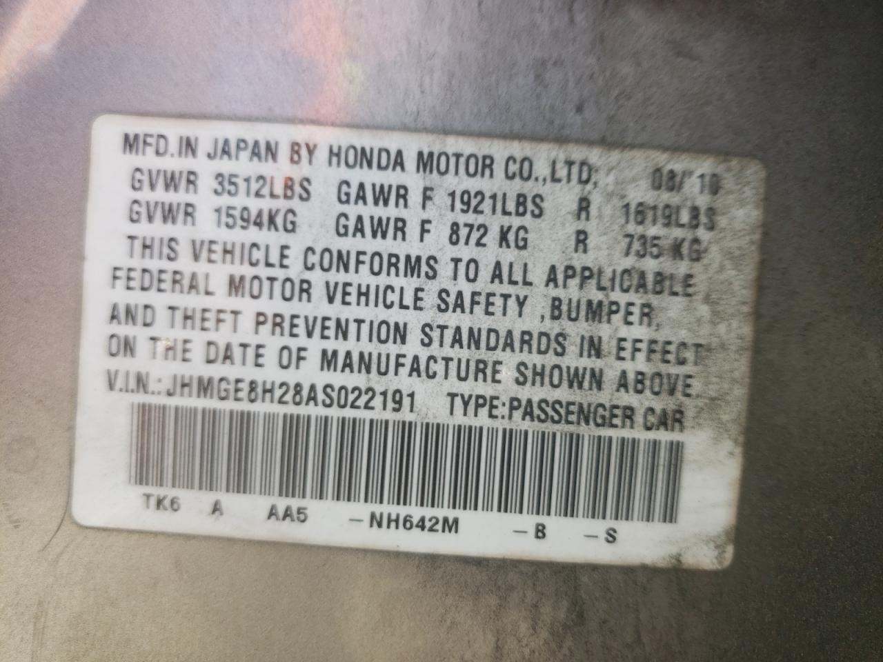 Photo 10 from auction – 2010 HONDA FIT with VIN JHMGE8H28AS022191