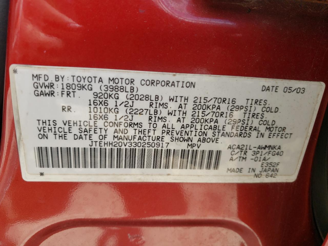 Photo 10 from auction – 2003 TOYOTA RAV4 with VIN JTEHH20V330250917