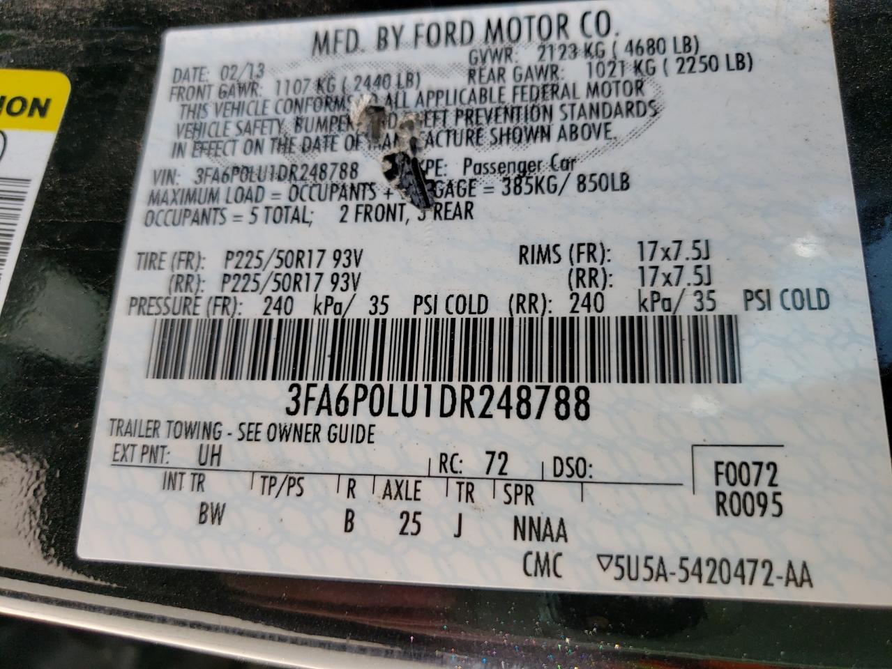 Photo 10 from auction – 2013 FORD FUSION SE with VIN 3FA6P0LU1DR248788
