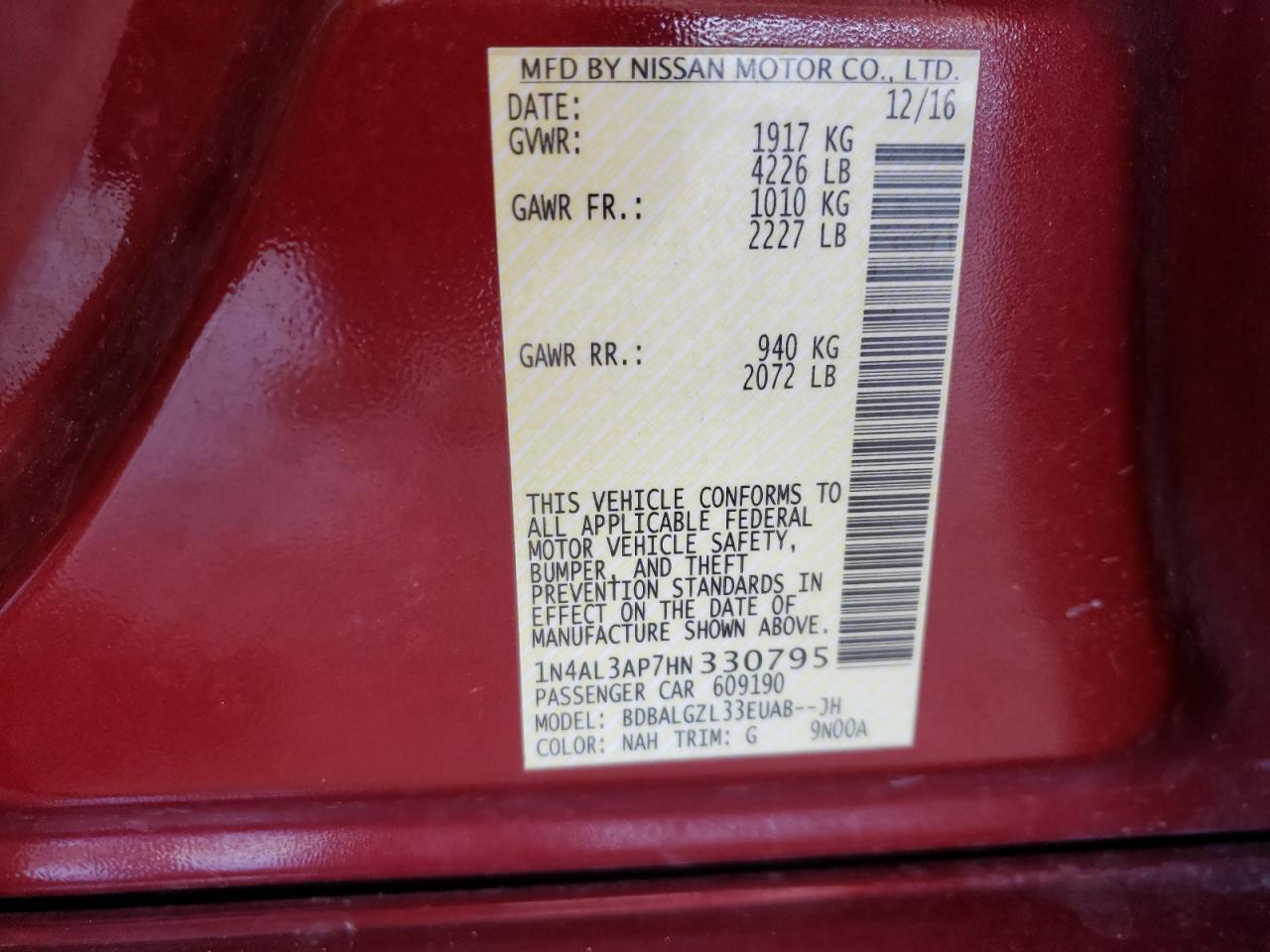 Photo 10 from auction – 2017 NISSAN ALTIMA 2.5 with VIN 1N4AL3AP7HN330795