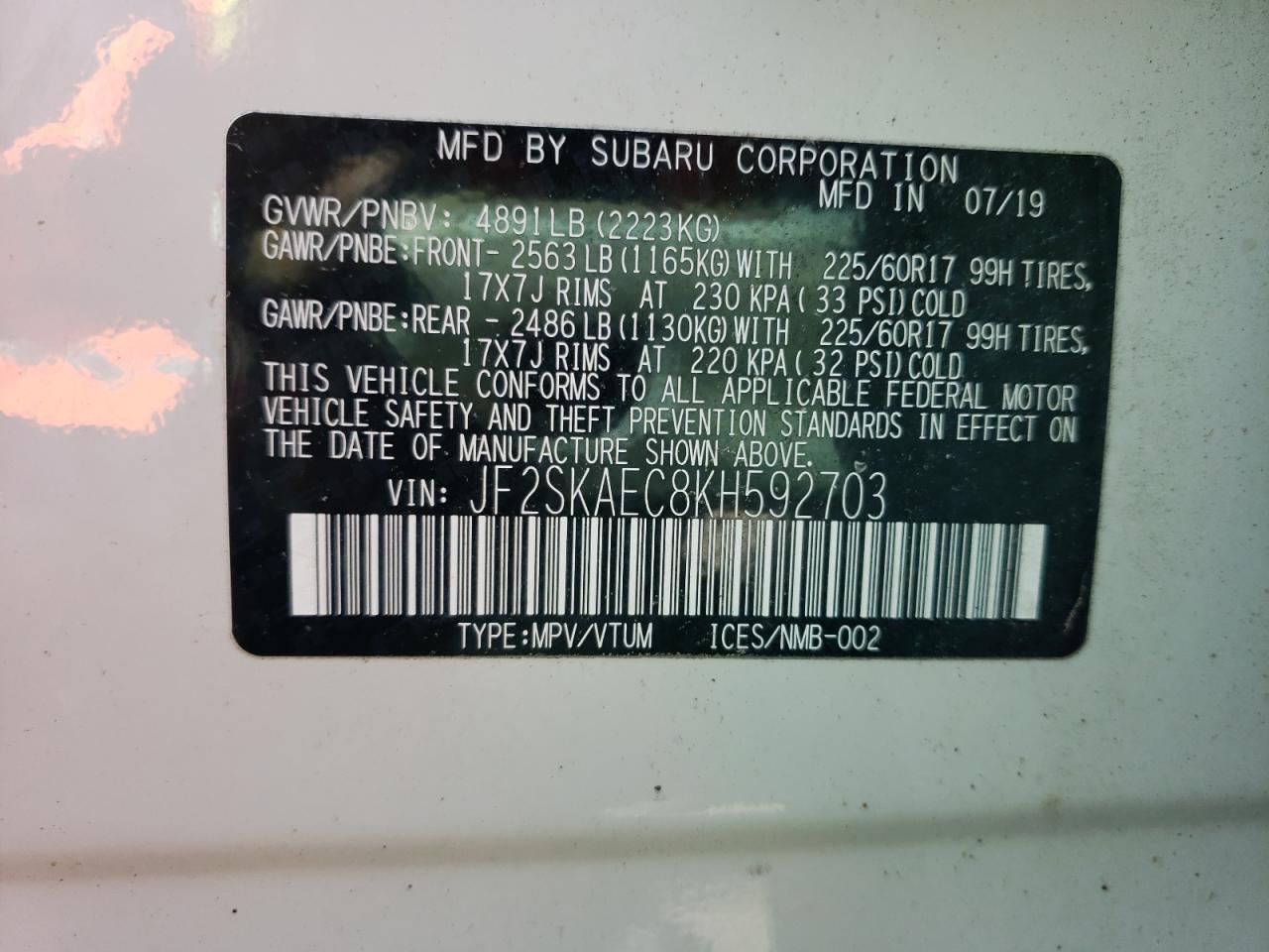 Photo 11 from auction – 2019 SUBARU FORESTER P with VIN JF2SKAEC8KH592703