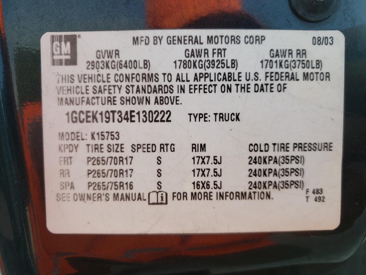 Photo 10 from auction – 2004 CHEVROLET SILVERADO with VIN 1GCEK19T34E130222