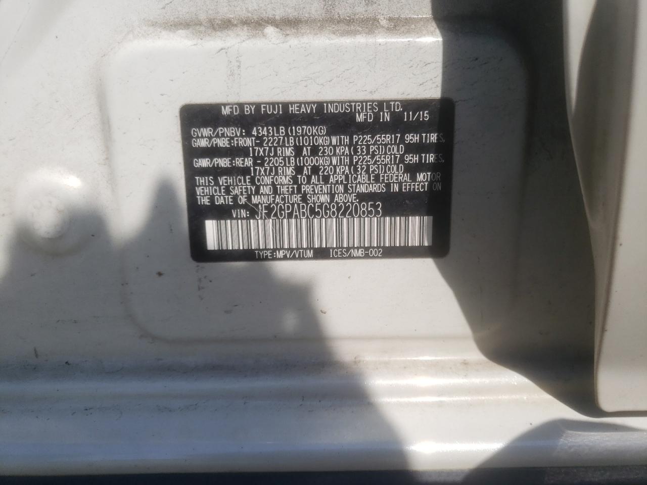 Photo 10 from auction – 2016 SUBARU CROSSTREK with VIN JF2GPABC5G8220853
