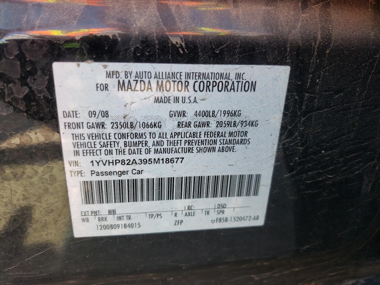Photo 10 from auction – 2009 MAZDA 6 I with VIN 1YVHP82A395M18677