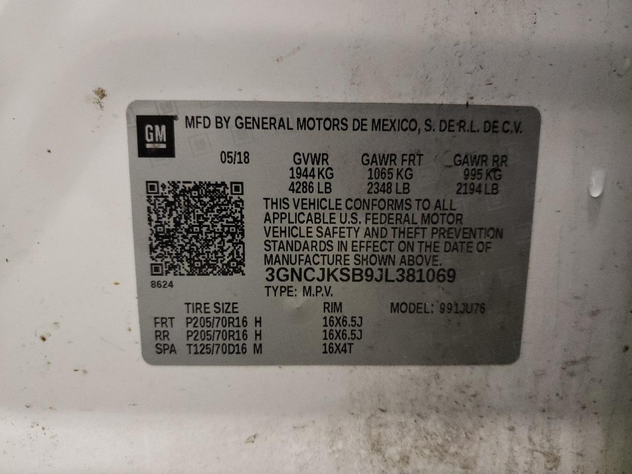 Photo 10 from auction – 2018 CHEVROLET TRAX LS with VIN 3GNCJKSB9JL381069