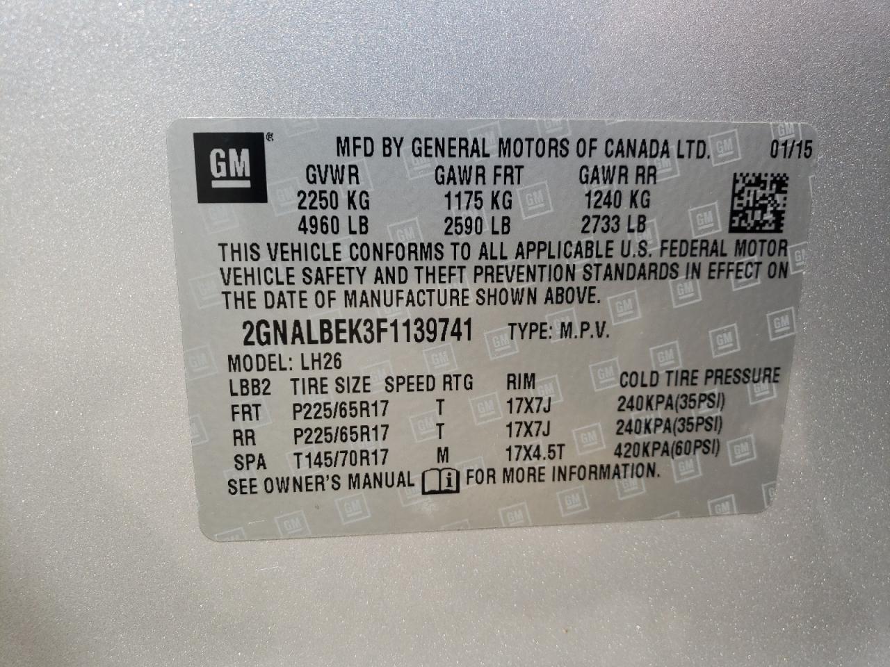 Photo 10 from auction – 2015 CHEVROLET EQUINOX LT with VIN 2GNALBEK3F1139741
