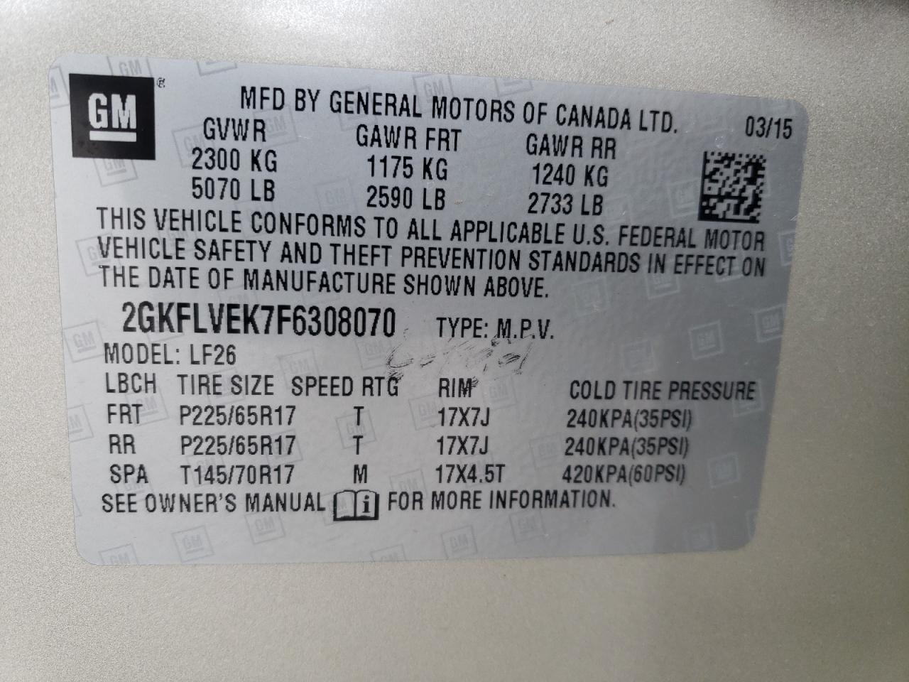 Photo 10 from auction – 2015 GMC TERRAIN SL with VIN 2GKFLVEK7F6308070