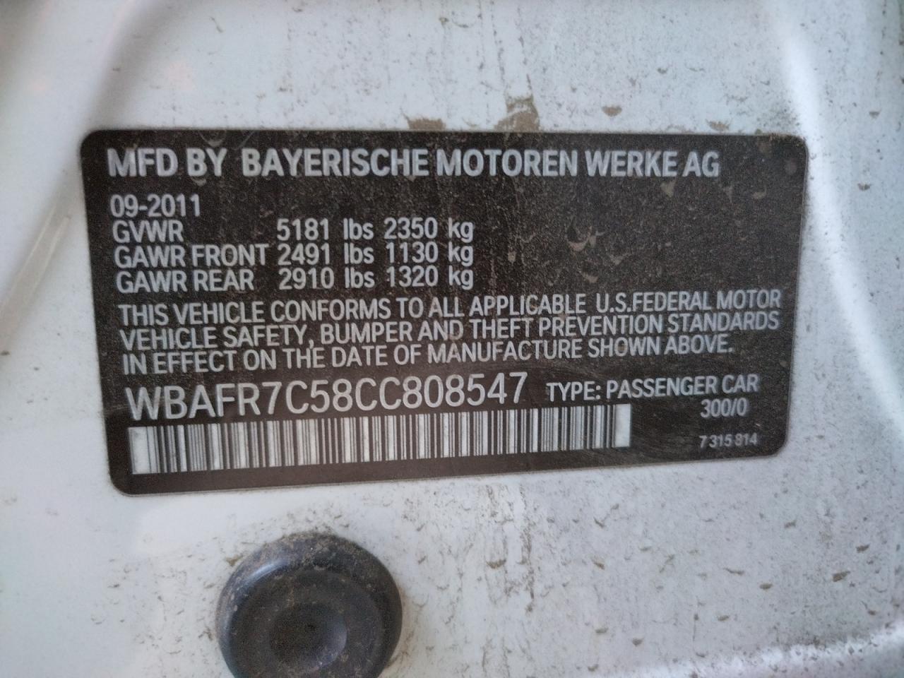 Photo 10 from auction – 2012 BMW 535 I with VIN WBAFR7C58CC808547