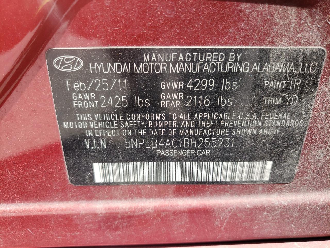 Photo 10 from auction – 2011 HYUNDAI SONATA GLS with VIN 5NPEB4AC1BH255231