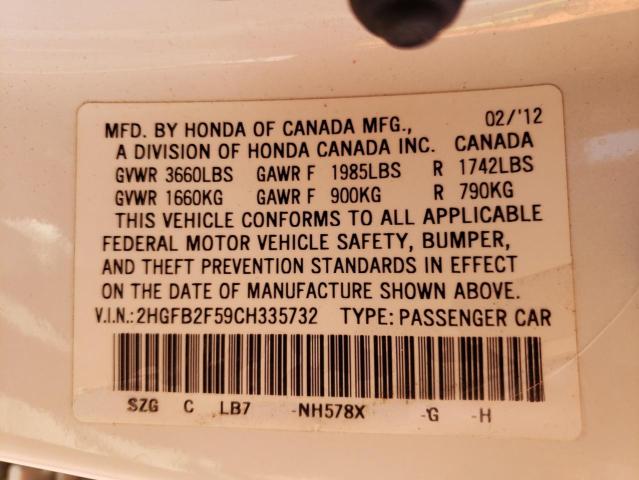 Photo 10 from auction – 2012 HONDA CIVIC LX with VIN 2HGFB2F59CH335732