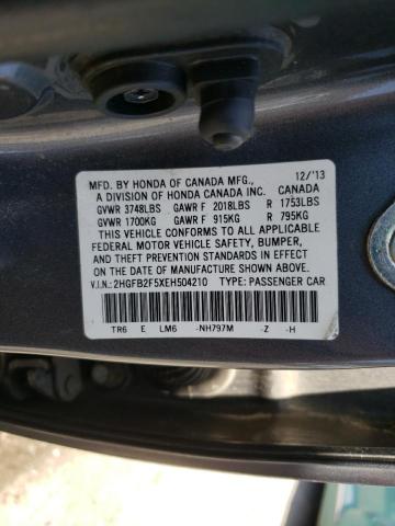 Photo 10 from auction – 2014 HONDA CIVIC LX with VIN 2HGFB2F5XEH504210
