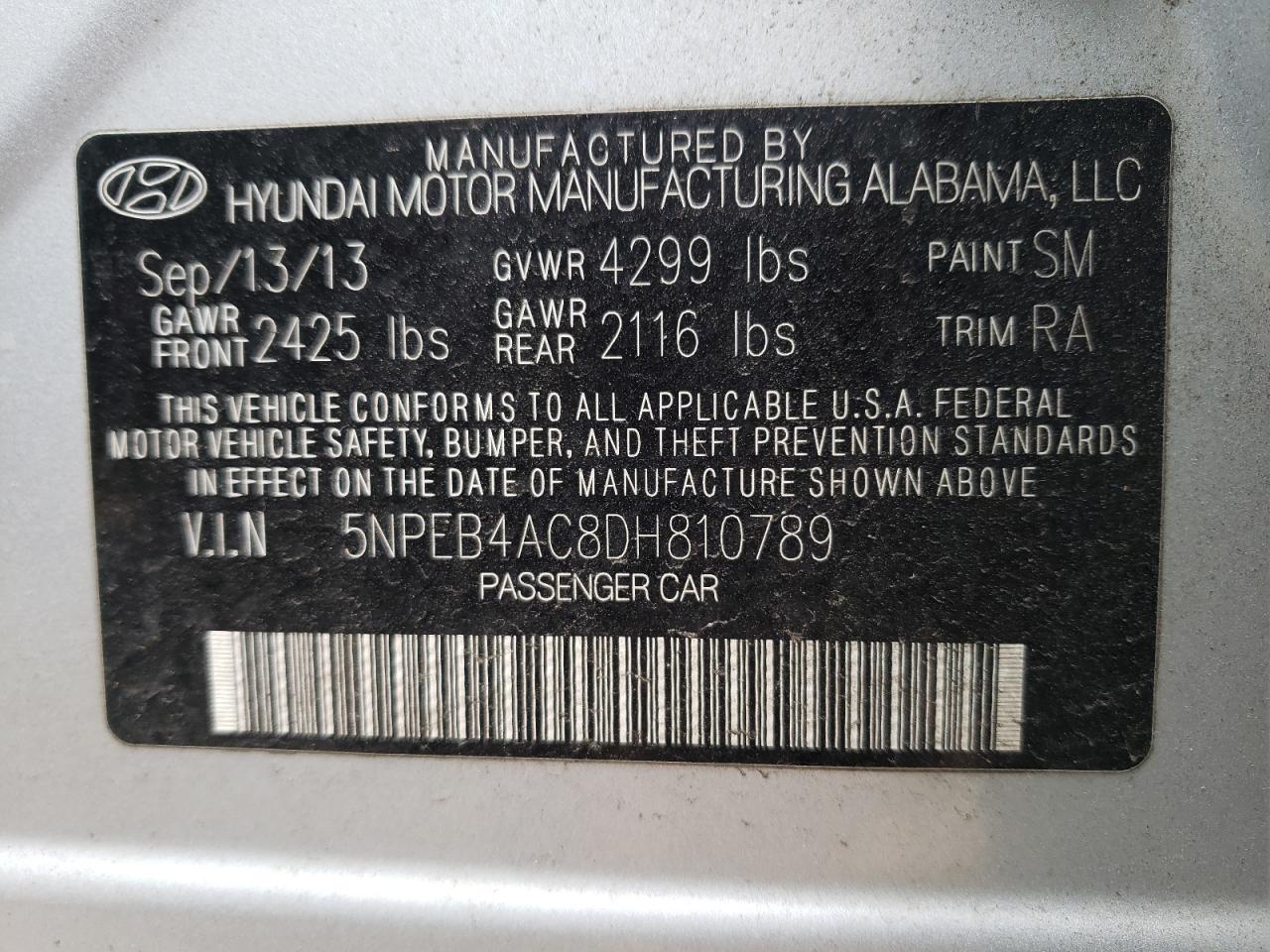 Photo 10 from auction – 2013 HYUNDAI SONATA GLS with VIN 5NPEB4AC8DH810789