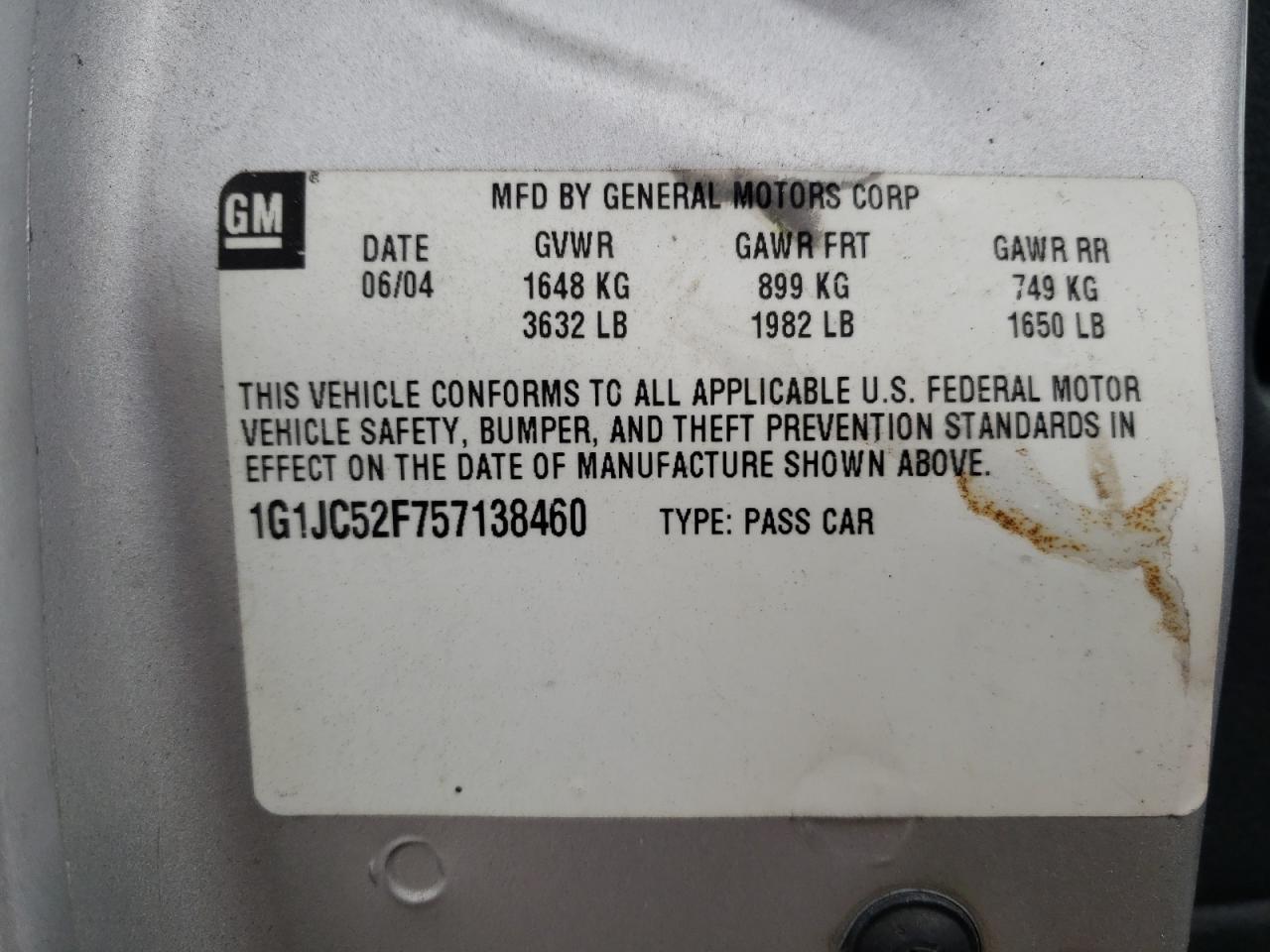 Photo 10 from auction – 2005 CHEVROLET CAVALIER with VIN 1G1JC52F757138460