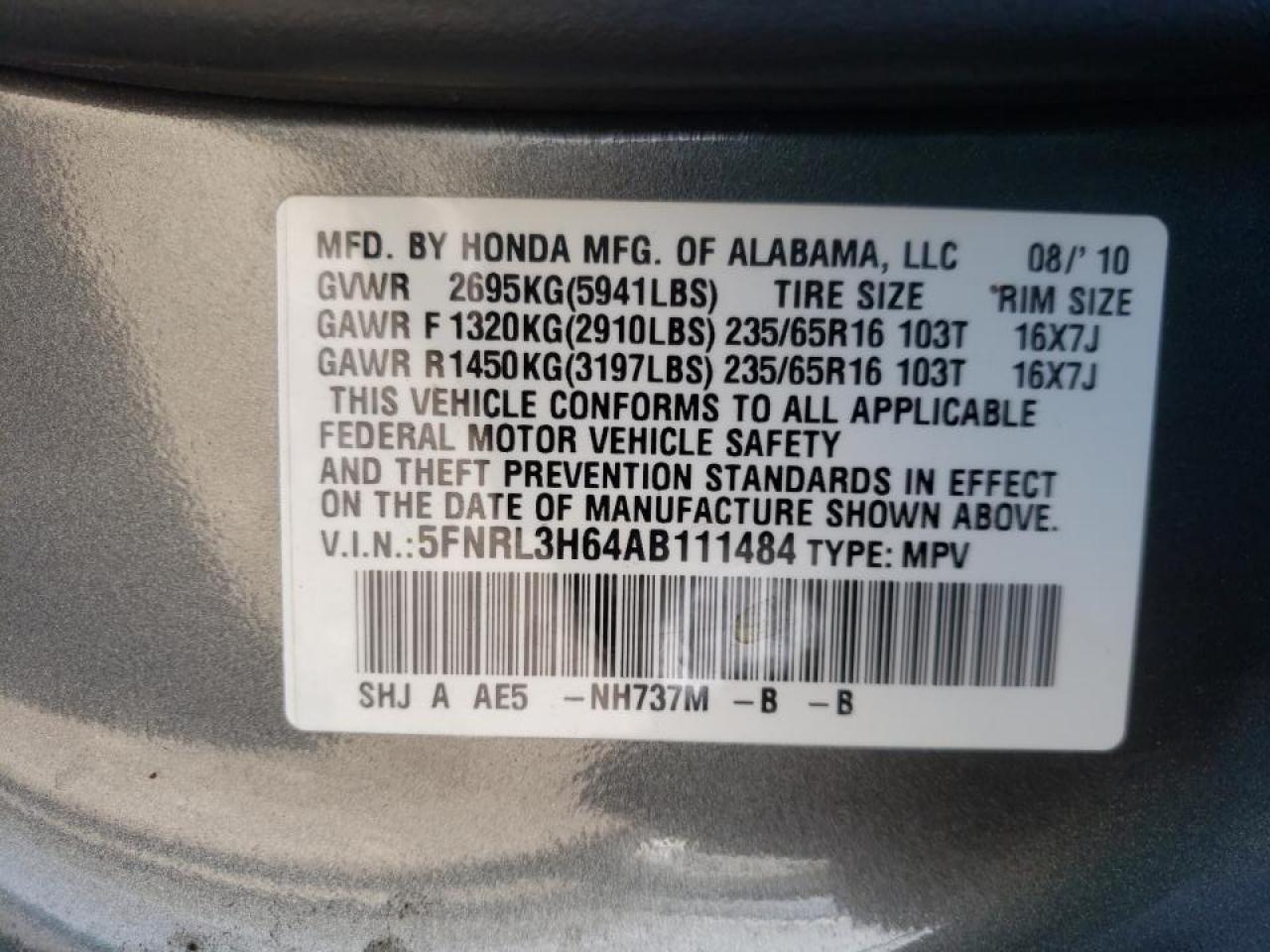 Photo 10 from auction – 2010 HONDA ODYSSEY EX with VIN 5FNRL3H64AB111484