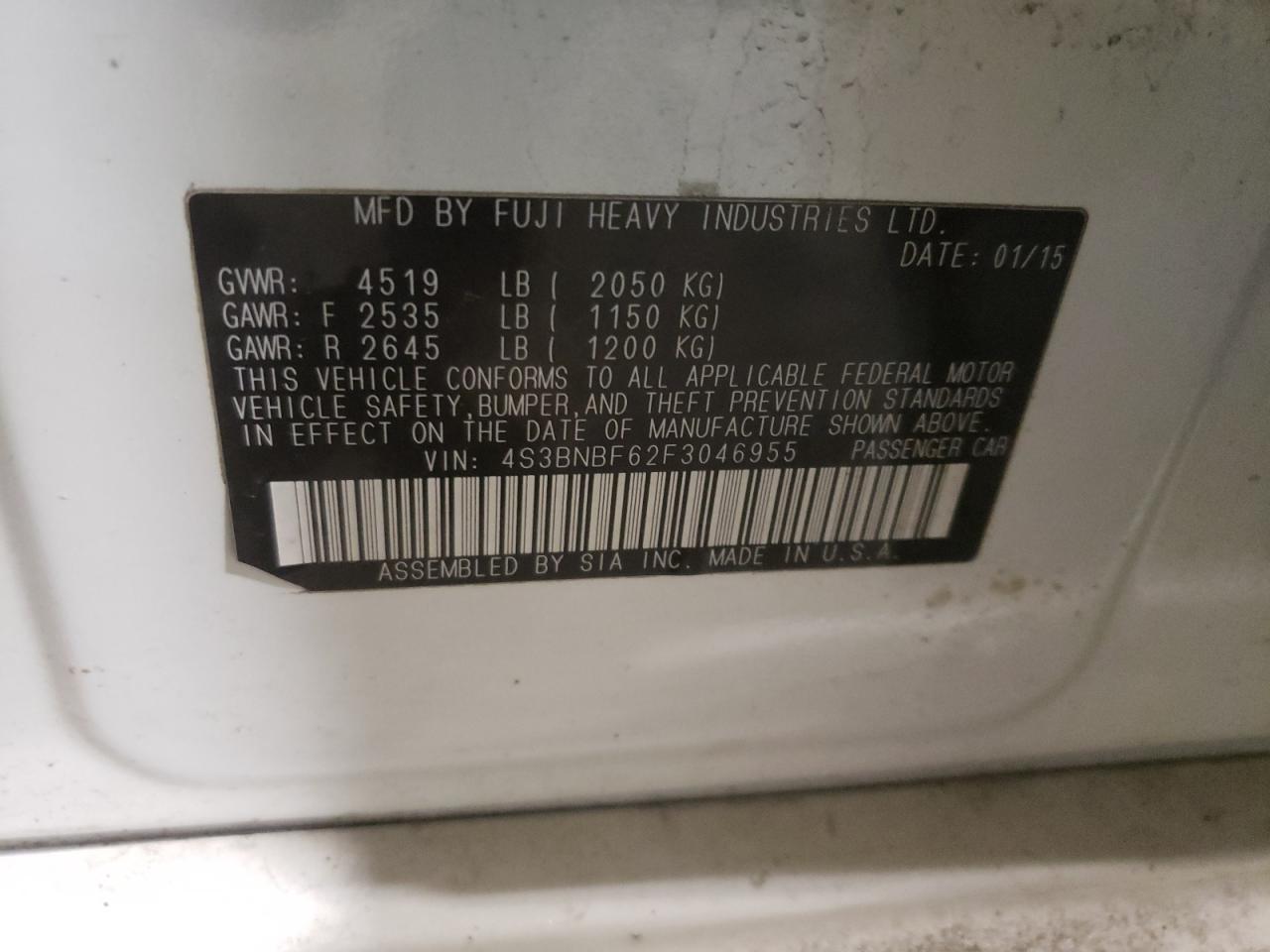 Photo 10 from auction – 2015 SUBARU LEGACY 2.5 with VIN 4S3BNBF62F3046955