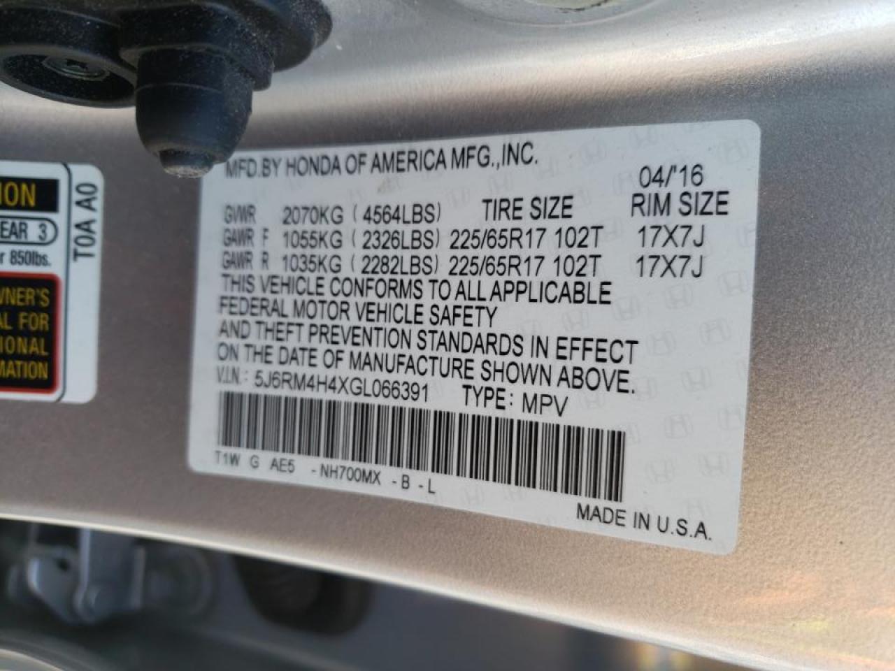 Photo 10 from auction – 2016 HONDA CR-V SE with VIN 5J6RM4H4XGL066391