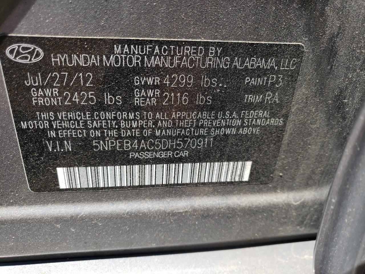 Photo 10 from auction – 2013 HYUNDAI SONATA GLS with VIN 5NPEB4AC5DH570911