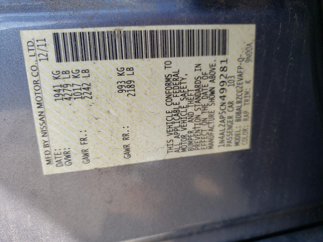 Photo 10 from auction – 2012 NISSAN ALTIMA BAS with VIN 1N4AL2AP5CN499281
