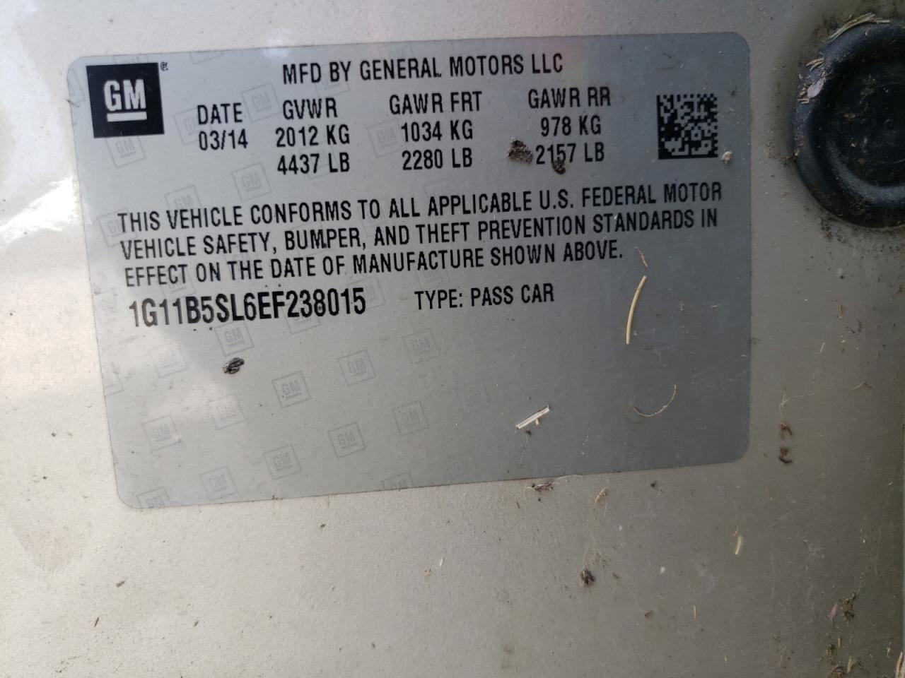 Photo 11 from auction – 2014 CHEVROLET MALIBU LS with VIN 1G11B5SL6EF238015