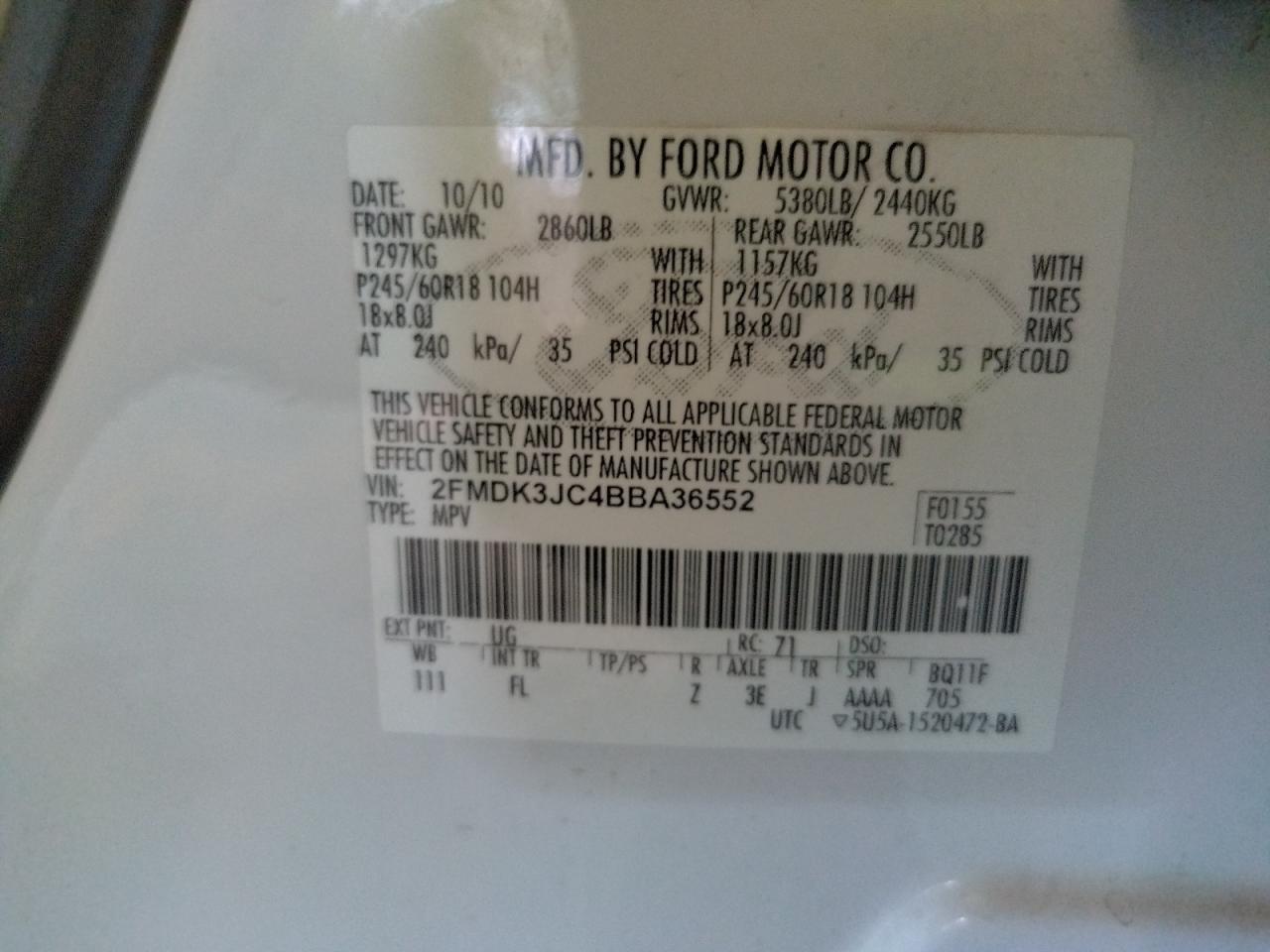 Photo 10 from auction – 2011 FORD EDGE SEL with VIN 2FMDK3JC4BBA36552