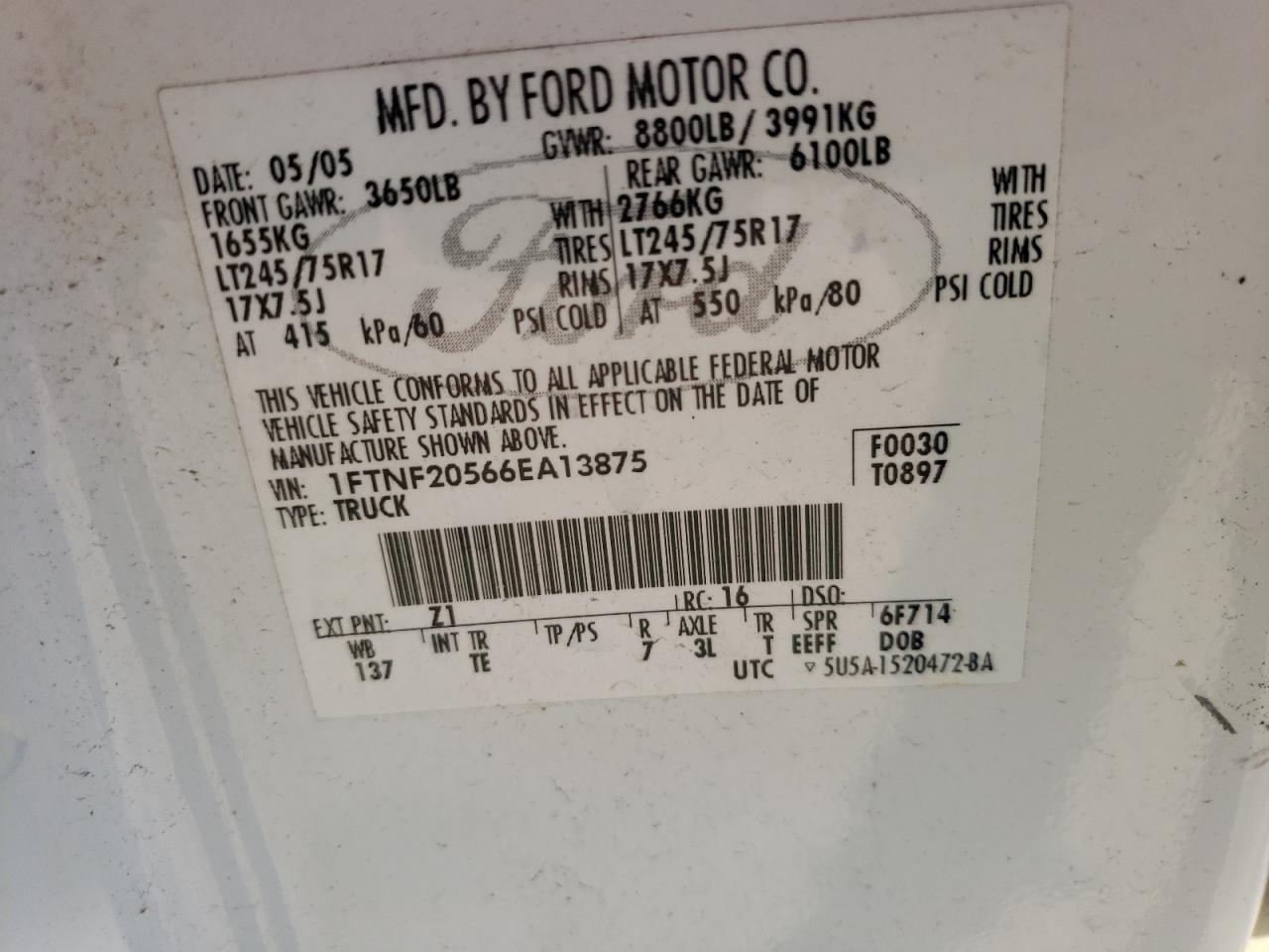 Photo 10 from auction – 2006 FORD F250 SUPER with VIN 1FTNF20566EA13875