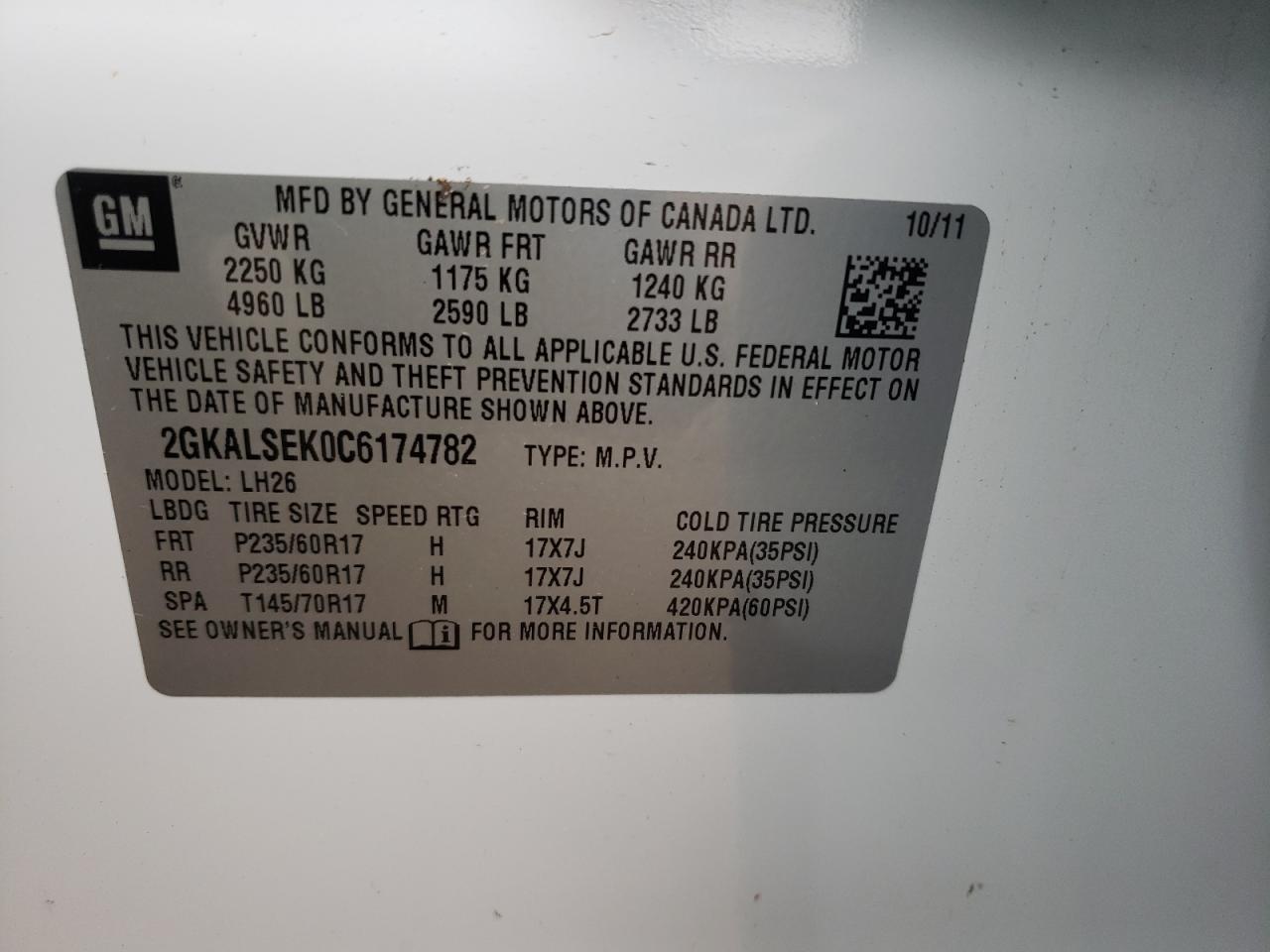 Photo 10 from auction – 2012 GMC TERRAIN SL with VIN 2GKALSEK0C6174782
