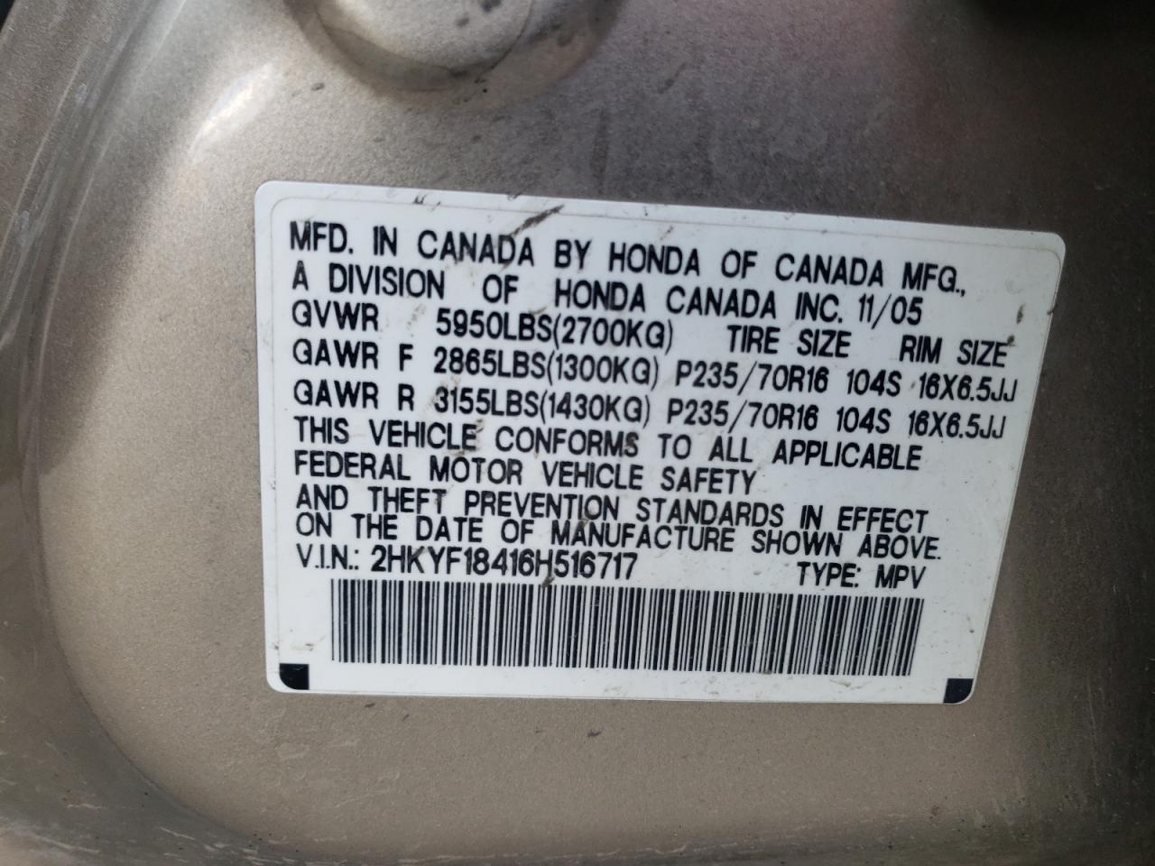 Photo 10 from auction – 2006 HONDA PILOT EX with VIN 2HKYF18416H516717