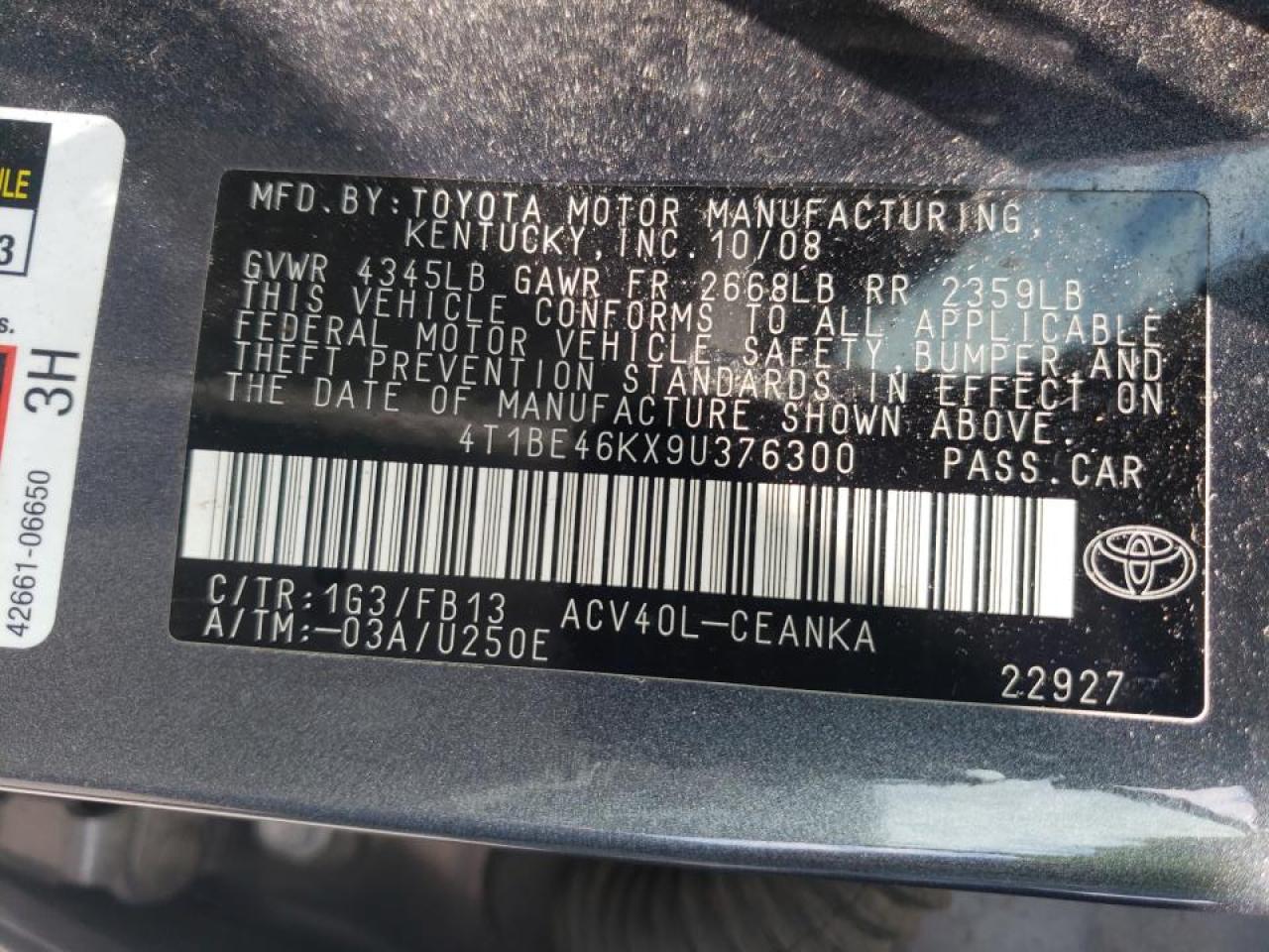 Photo 10 from auction – 2009 TOYOTA CAMRY BASE with VIN 4T1BE46KX9U376300