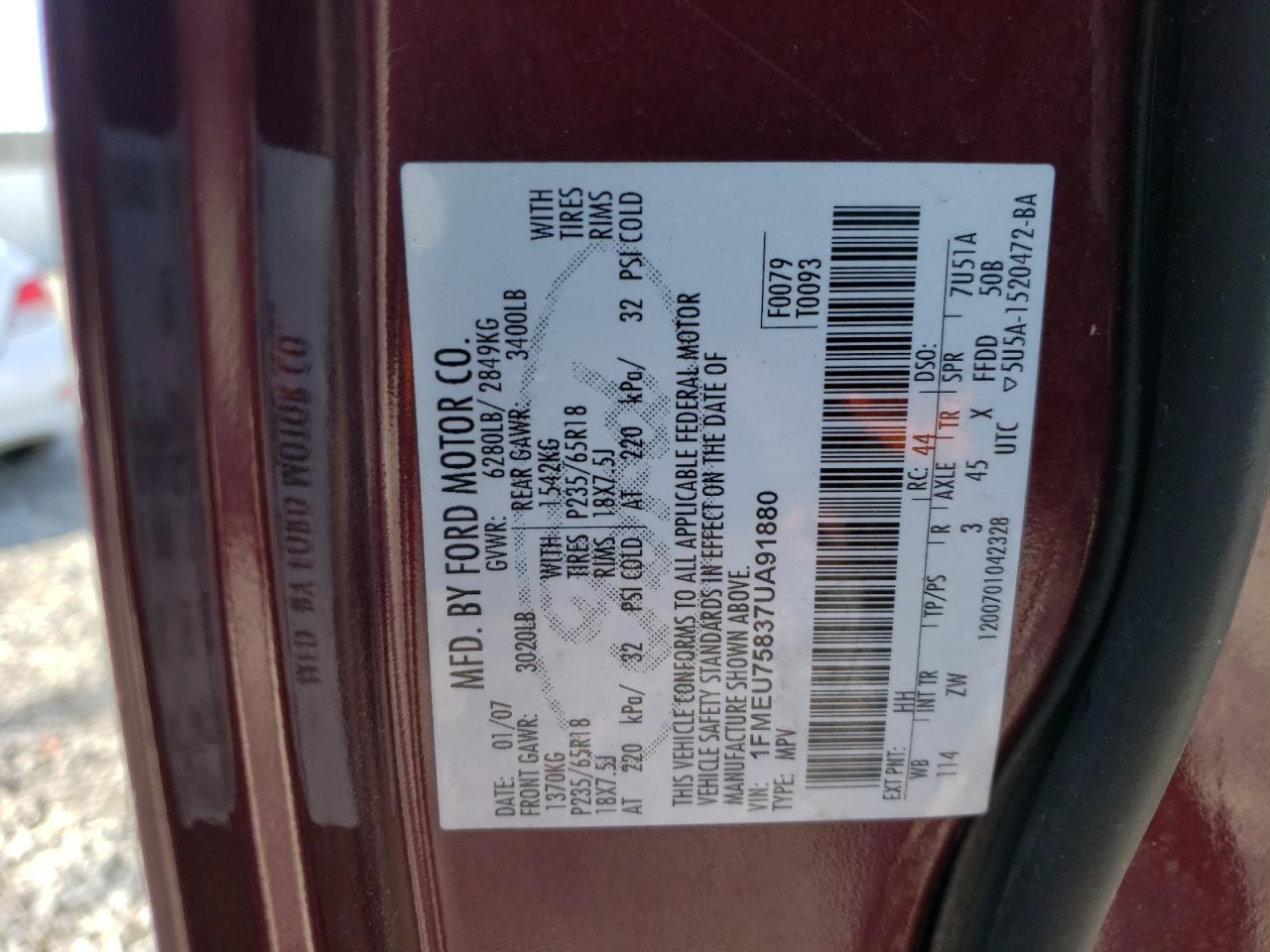 Photo 10 from auction – 2007 FORD EXPLORER L with VIN 1FMEU75837UA91880