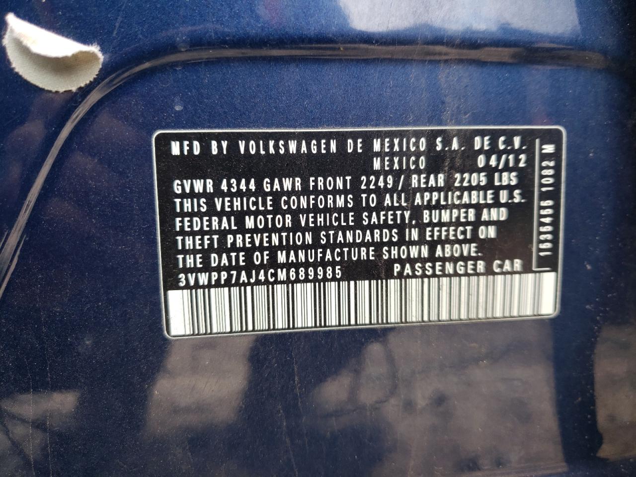 Photo 10 from auction – 2012 VOLKSWAGEN JETTA S with VIN 3VWPP7AJ4CM689985