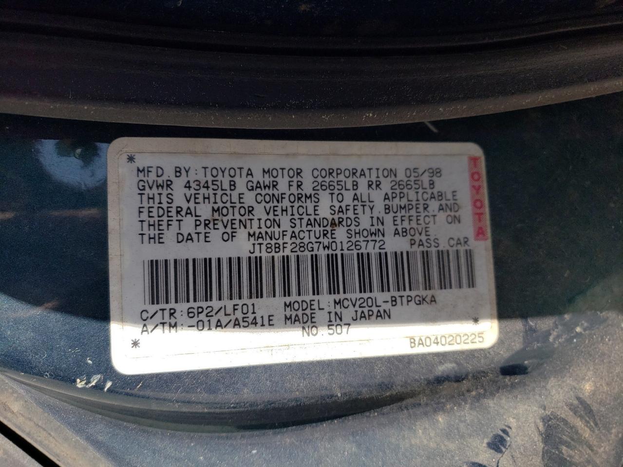 Photo 10 from auction – 1998 LEXUS ES 300 with VIN JT8BF28G7W0126772