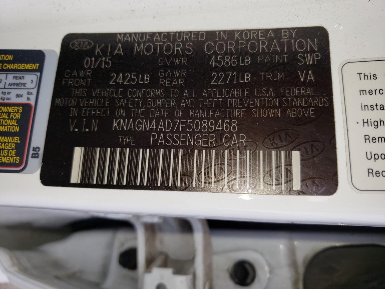 Photo 10 from auction – 2015 KIA OPTIMA HYB with VIN KNAGN4AD7F5089468