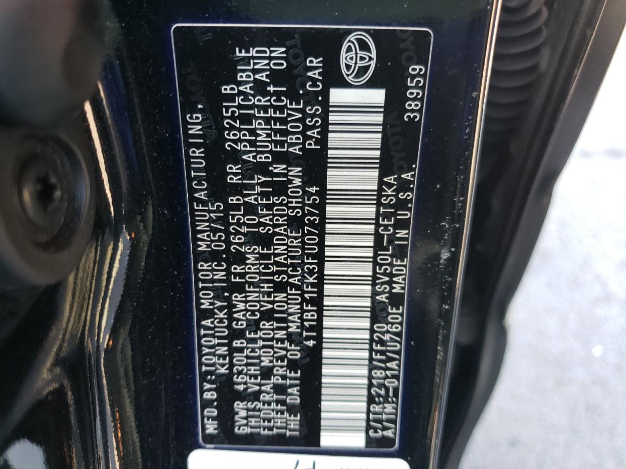 Photo 10 from auction – 2015 TOYOTA CAMRY LE with VIN 4T1BF1FK3FU073754