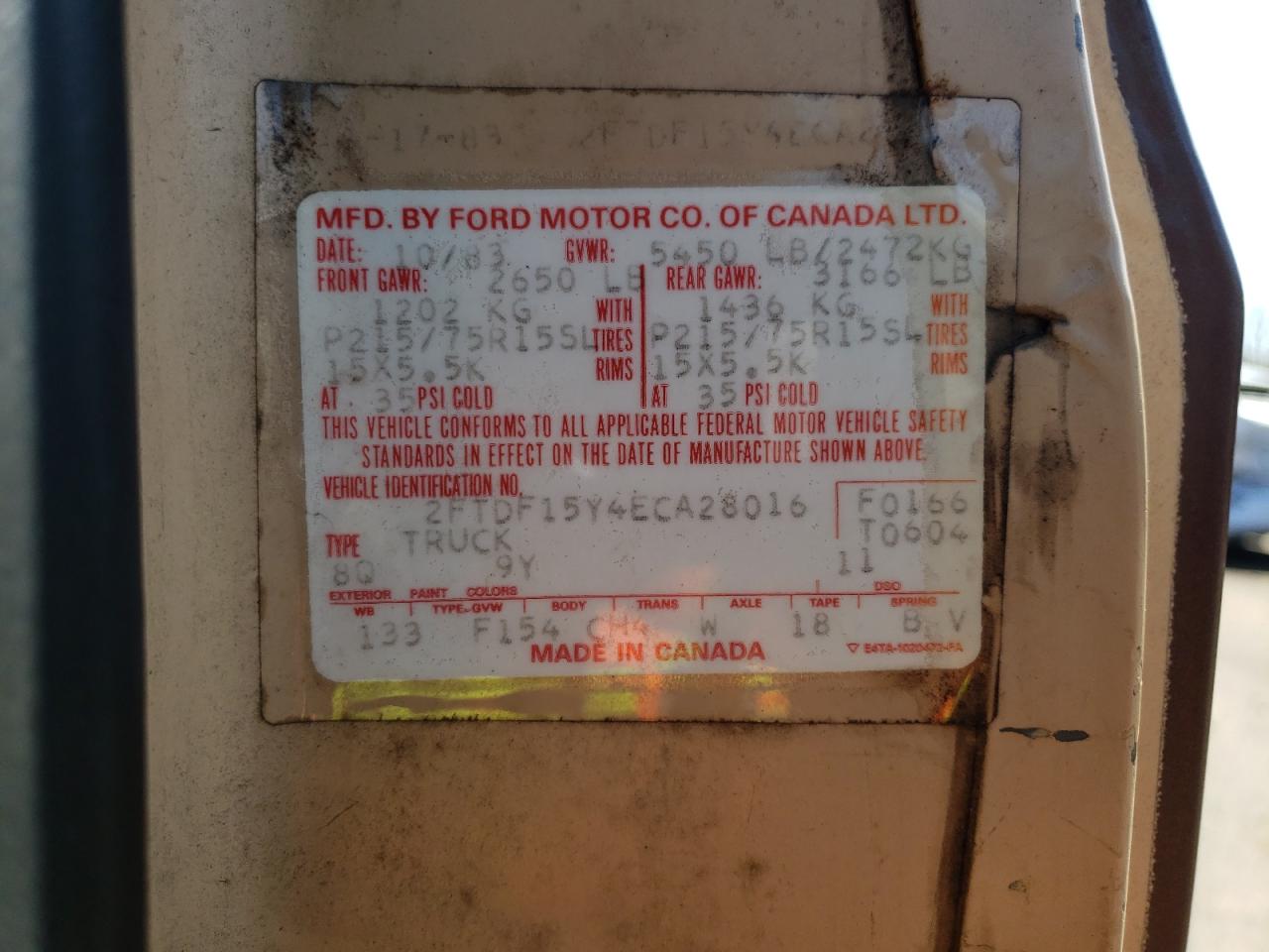 Фото 10 с аукциона – 1984 FORD F150 с VIN 2FTDF15Y4ECA28016