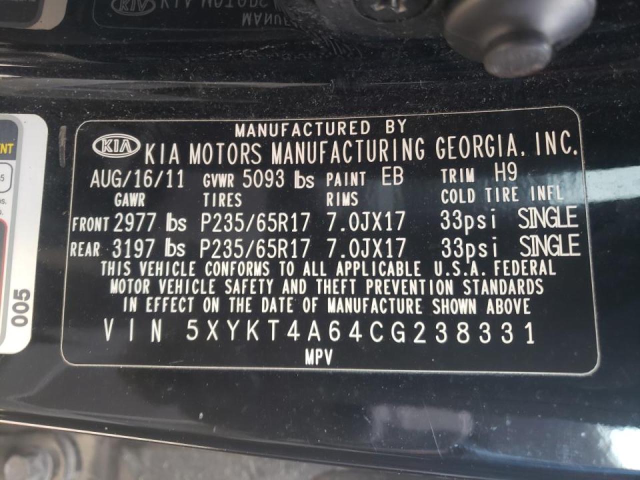 Photo 10 from auction – 2012 KIA SORENTO BA with VIN 5XYKT4A64CG238331