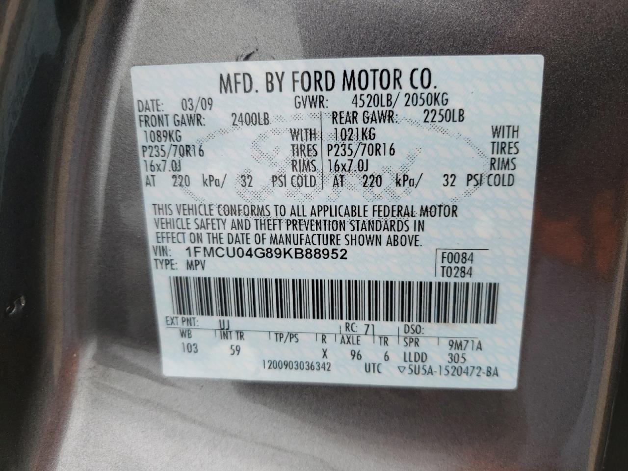 Photo 10 from auction – 2009 FORD ESCAPE LIM with VIN 1FMCU04G89KB88952