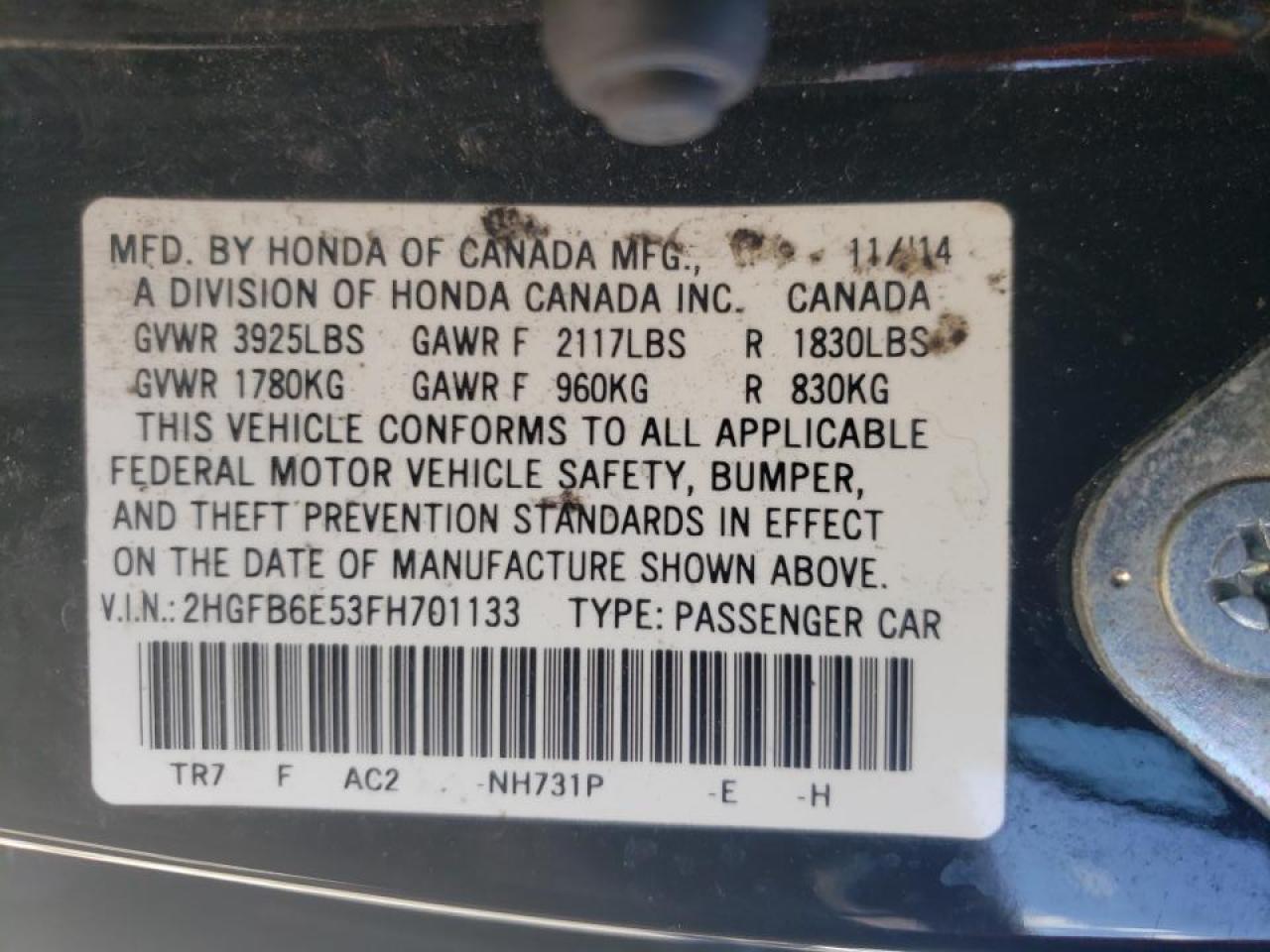 Photo 10 from auction – 2015 HONDA CIVIC SI with VIN 2HGFB6E53FH701133