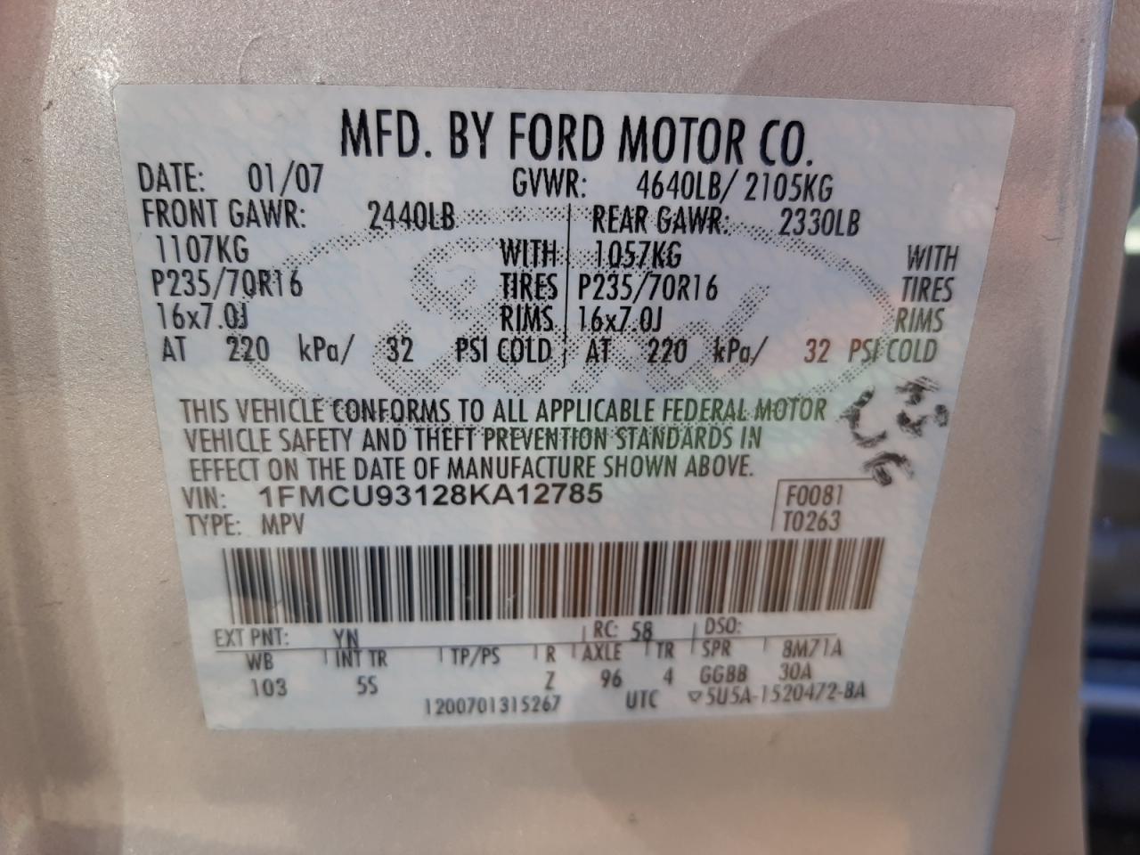 Photo 10 from auction – 2008 FORD ESCAPE XLT with VIN 1FMCU93128KA12785