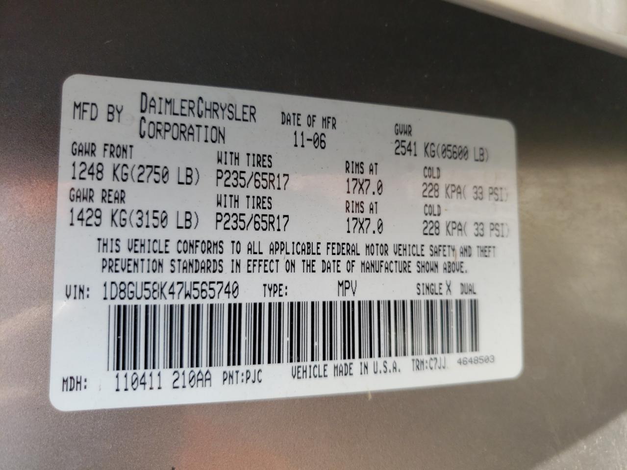 Photo 10 from auction – 2007 DODGE NITRO SLT with VIN 1D8GU58K47W565740