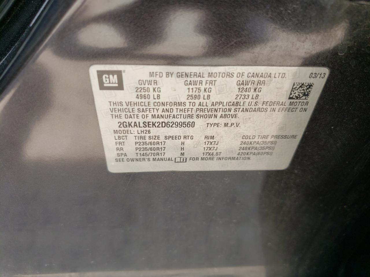 Photo 10 from auction – 2013 GMC TERRAIN SL with VIN 2GKALSEK2D6299560