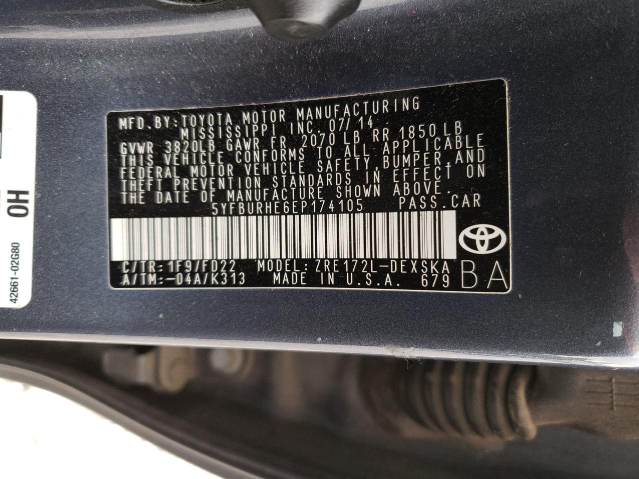 Photo 10 from auction – 2014 TOYOTA COROLLA L with VIN 5YFBURHE6EP174105