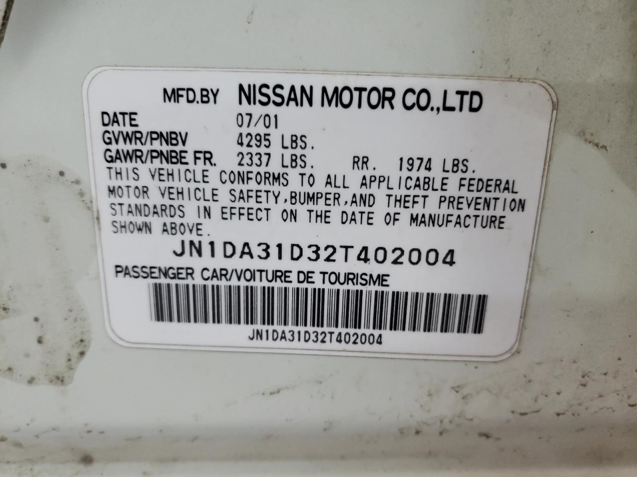 Photo 10 from auction – 2002 NISSAN MAXIMA GLE with VIN JN1DA31D32T402004
