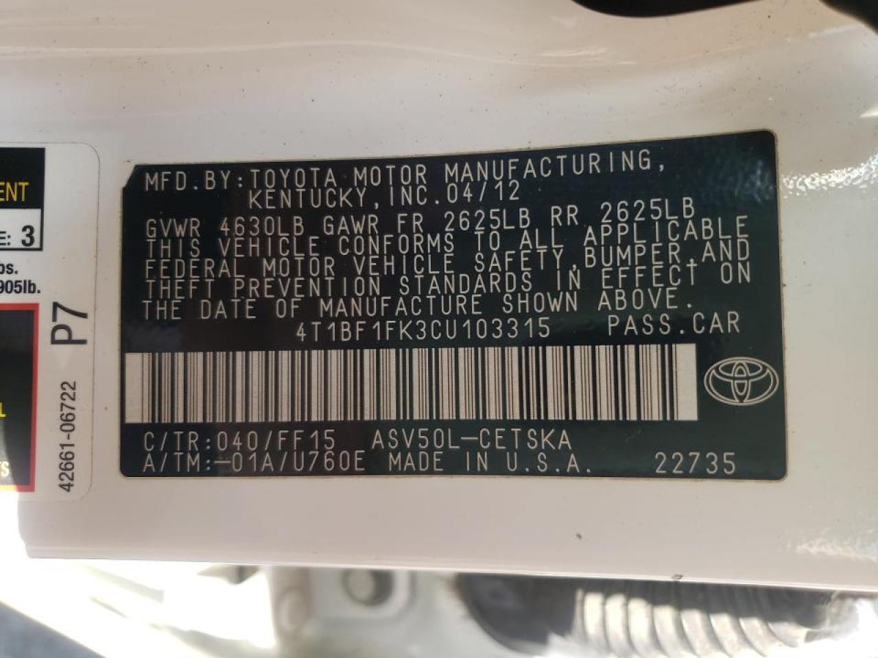 Photo 10 from auction – 2012 TOYOTA CAMRY BASE with VIN 4T1BF1FK3CU103315