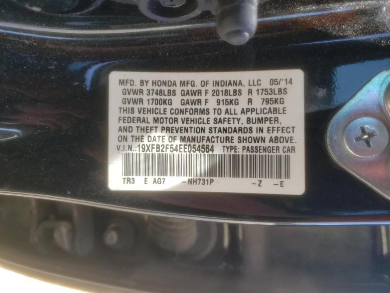 Photo 10 from auction – 2014 HONDA CIVIC LX with VIN 19XFB2F54EE054564