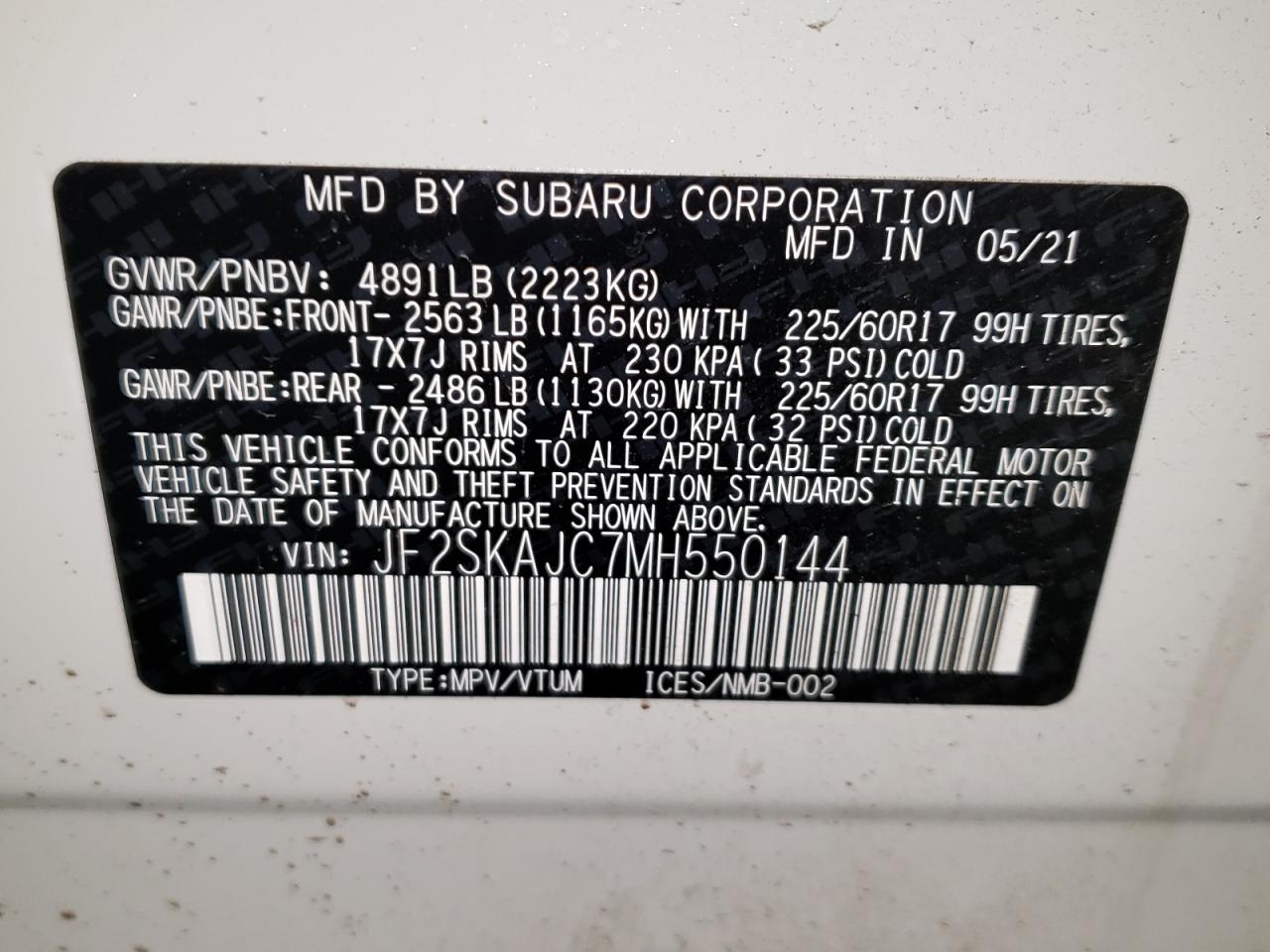 Photo 10 from auction – 2021 SUBARU FORESTER P with VIN JF2SKAJC7MH550144