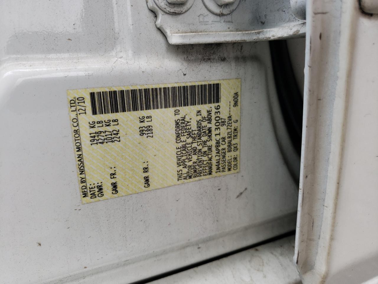 Photo 10 from auction – 2011 NISSAN ALTIMA BAS with VIN 1N4AL2AP8BC130036