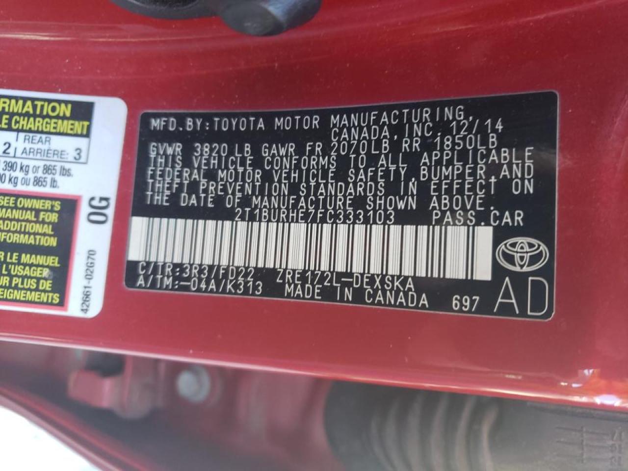 Photo 10 from auction – 2015 TOYOTA COROLLA L with VIN 2T1BURHE7FC333103