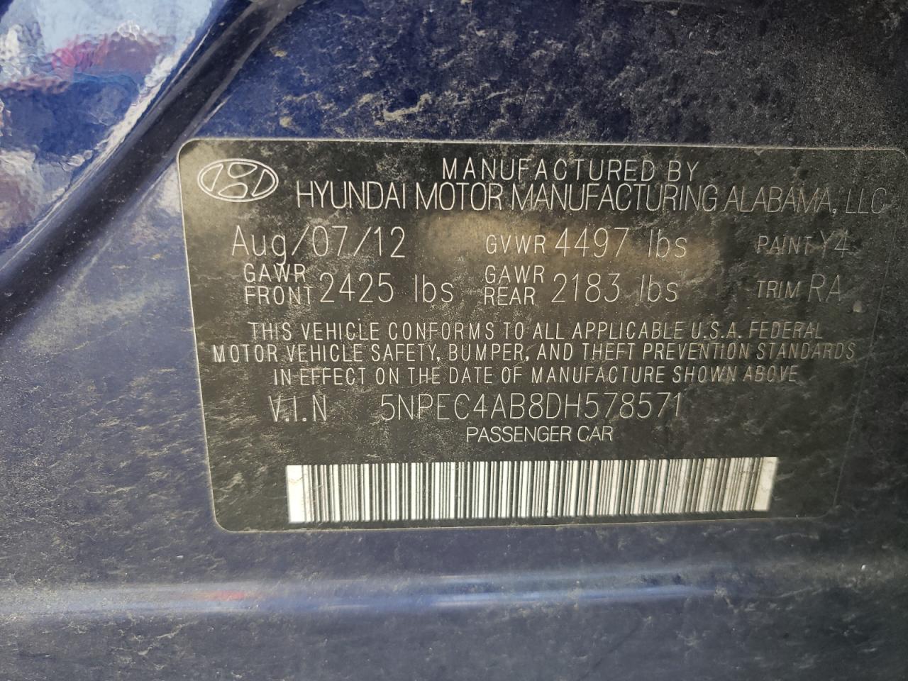 Photo 10 from auction – 2013 HYUNDAI SONATA SE with VIN 5NPEC4AB8DH578571