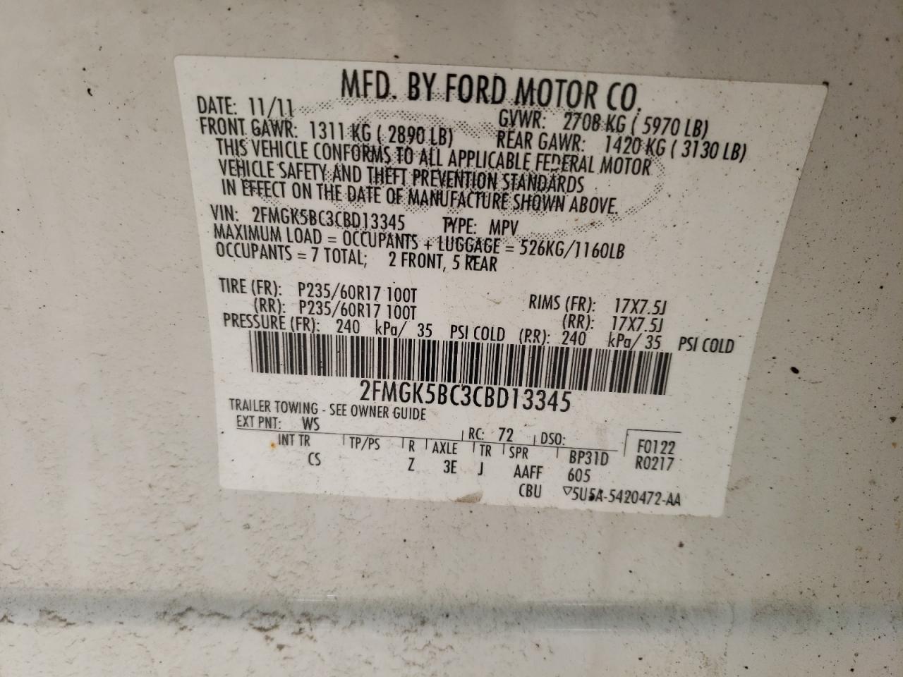 Photo 10 from auction – 2012 FORD FLEX SE with VIN 2FMGK5BC3CBD13345